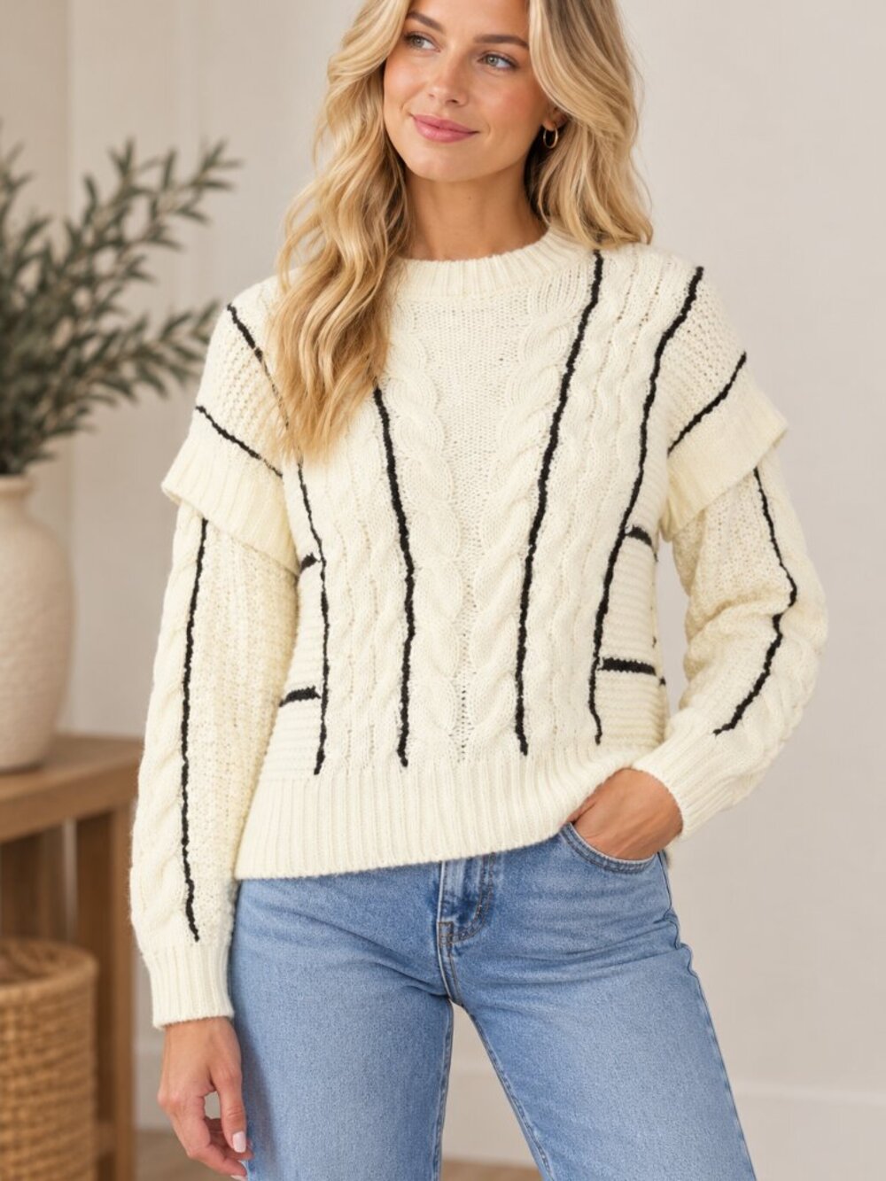 245. Dropped Shoulder Crewneck Sweater W/ Stripe And Cable Pattern